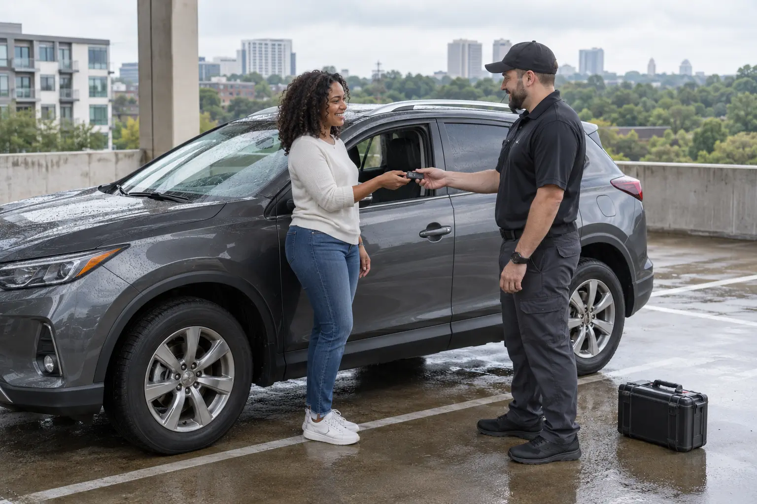 Automotive locksmith checking a vehicle key in Atlanta
