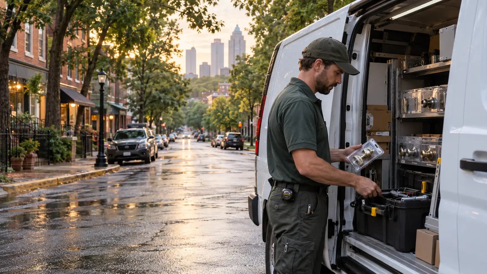 Locksmith working at an Atlanta home entrance
